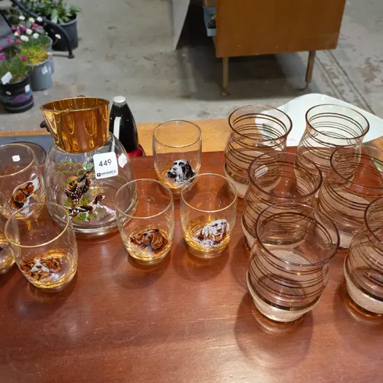 retro duck shooter jug and 6 tumblers, 6x amber glass tumblers