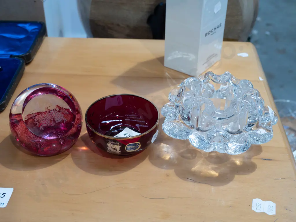 art glass tea candle dish, paperweight, small red crystal bowl Image 1++