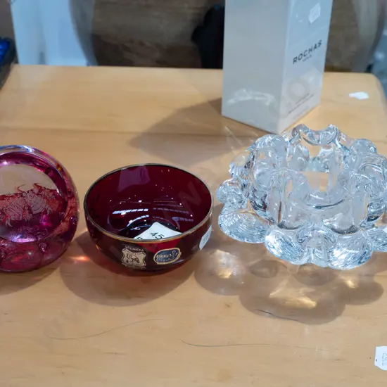 art glass tea candle dish, paperweight, small red crystal bowl