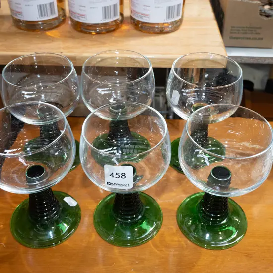 6x clear and green glass goblets