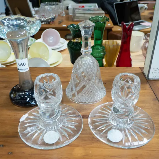 cut crystal candlesticks, bell, glass vase