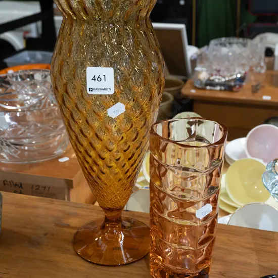 2x amber glass vases Tallest H295