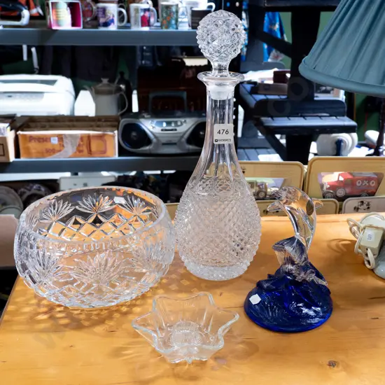 glass dolphin figurine, candlestick, decanter etc 