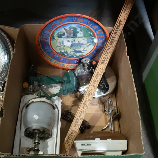 box; apple corer, gas lantern, tray etc
