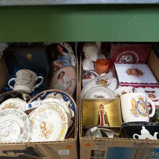 2x boxes of royal memorabilia china - orange dots
