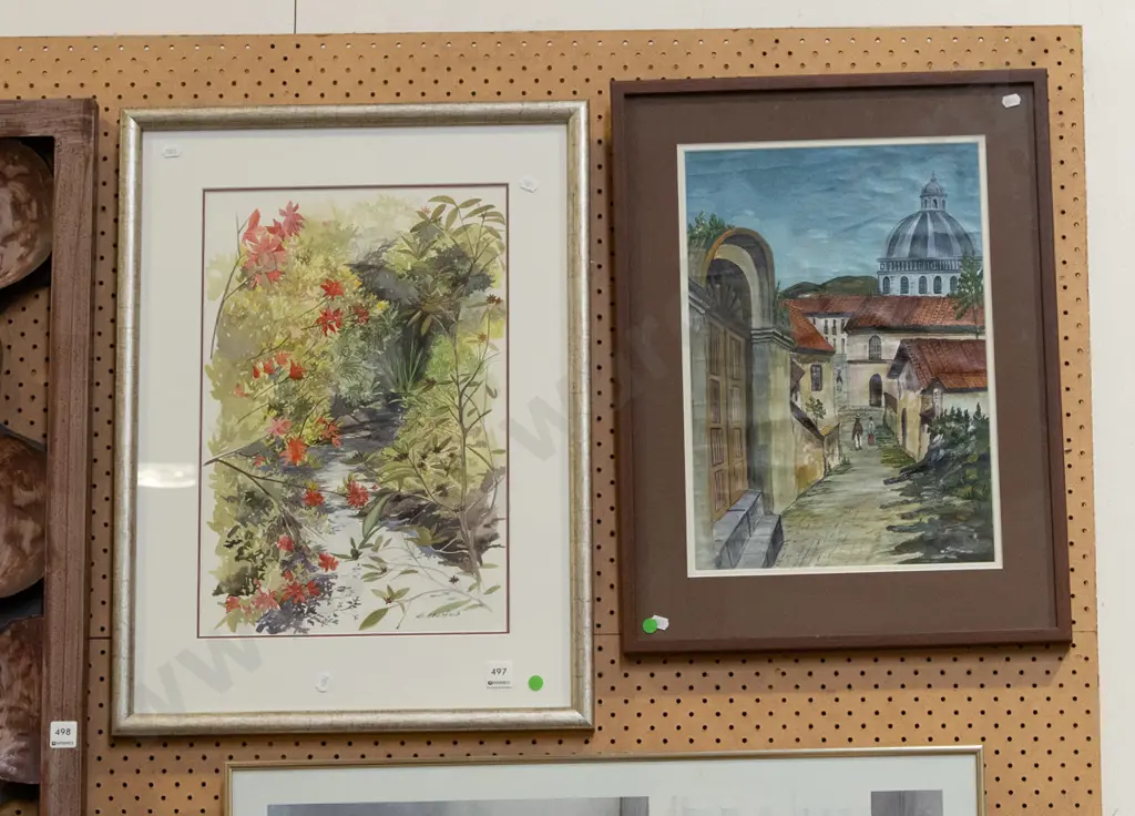 2x framed watercolours - stream and street scenes - green dots Image 1++