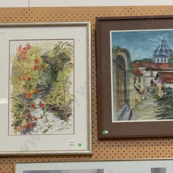 2x framed watercolours - stream and street scenes - green dots