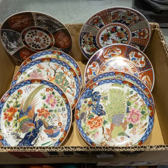 box; assorted Imari style plates