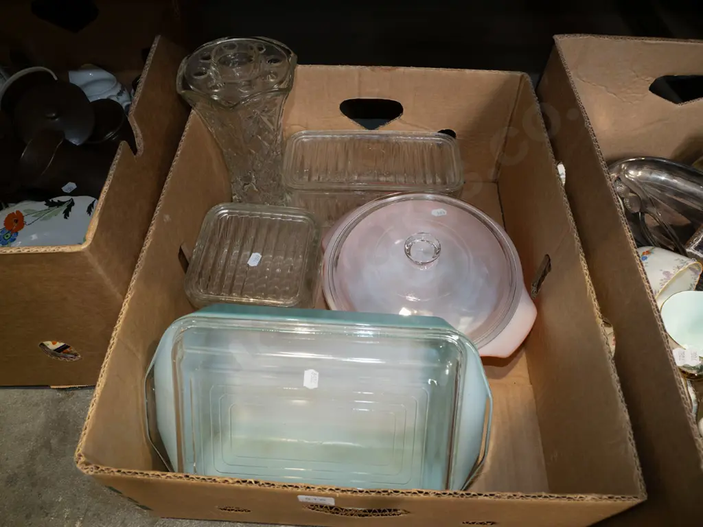 box; retro pyrex baking dishes, glass lidded cheese dishes etc Image 1++