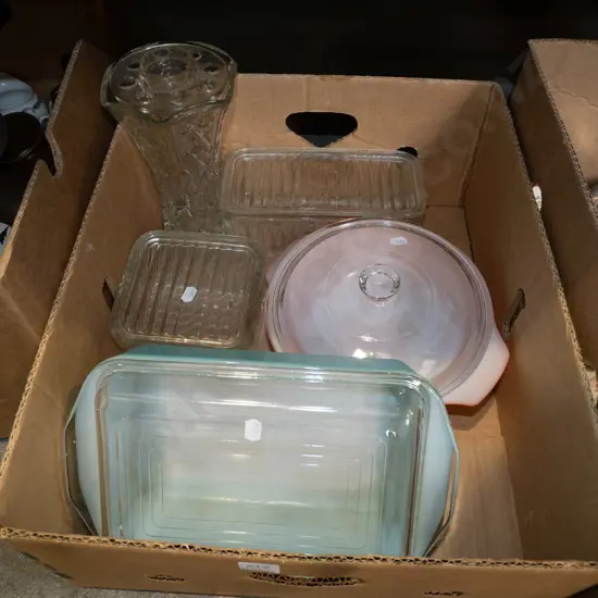 box; retro pyrex baking dishes, glass lidded cheese dishes etc