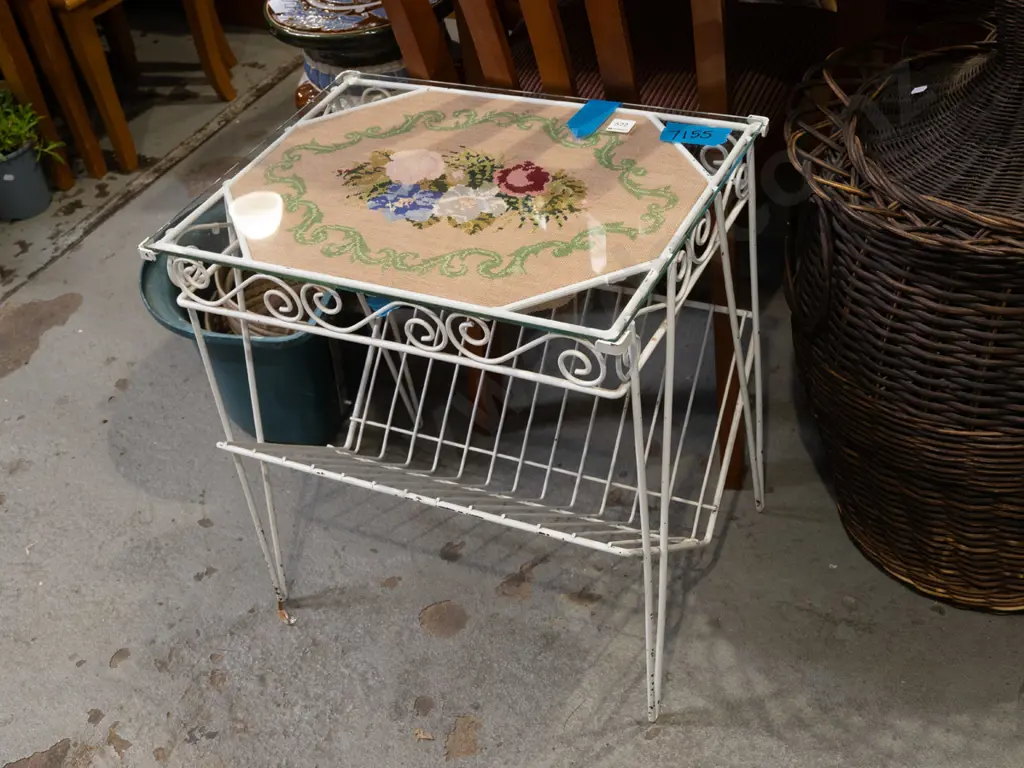 mid century metal and glass end table with tapestry decoration with magazine rack Image 1++
