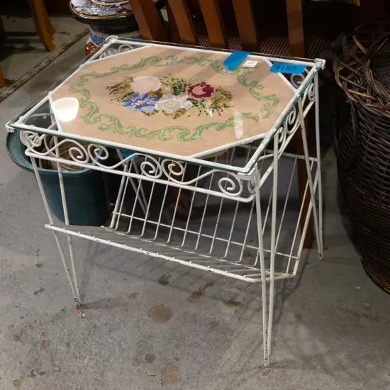 mid century metal and glass end table with tapestry decoration with magazine rack