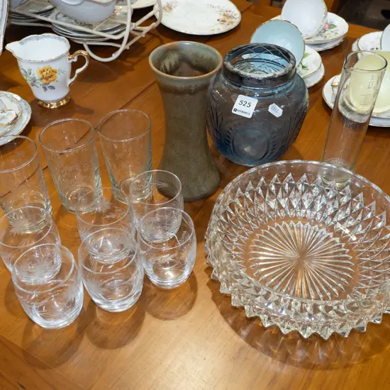 blue glass rose vase, Temuka vase, tumblers etc