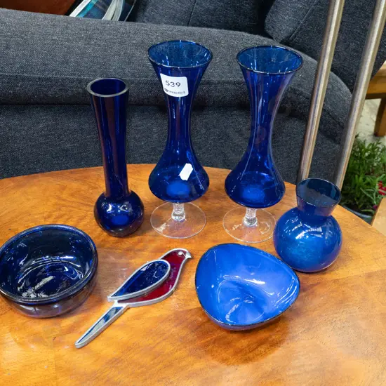 blue glass bowls, vases, leadlight parrot Tallest H210