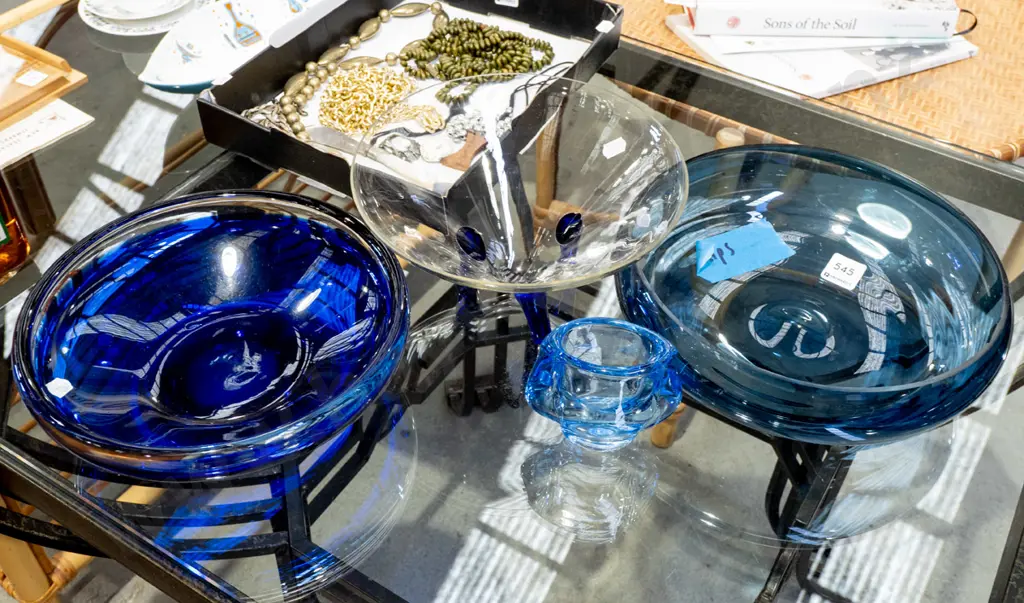 footed glass bowl, blue glass bowls - 1 has chip Image 1++