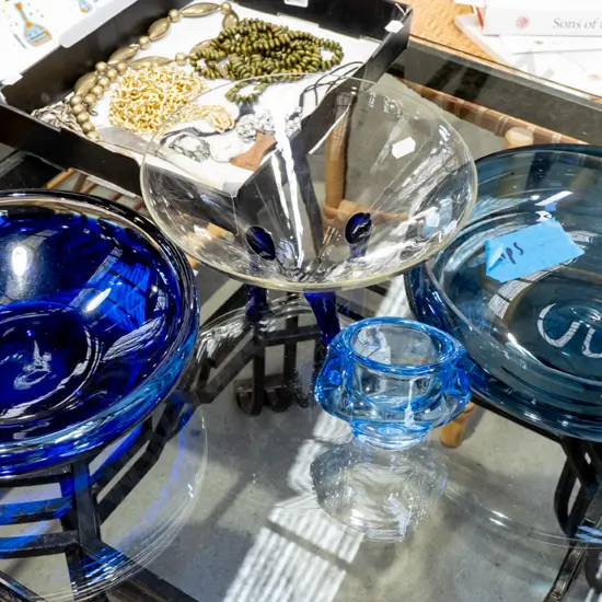 footed glass bowl, blue glass bowls - 1 has chip