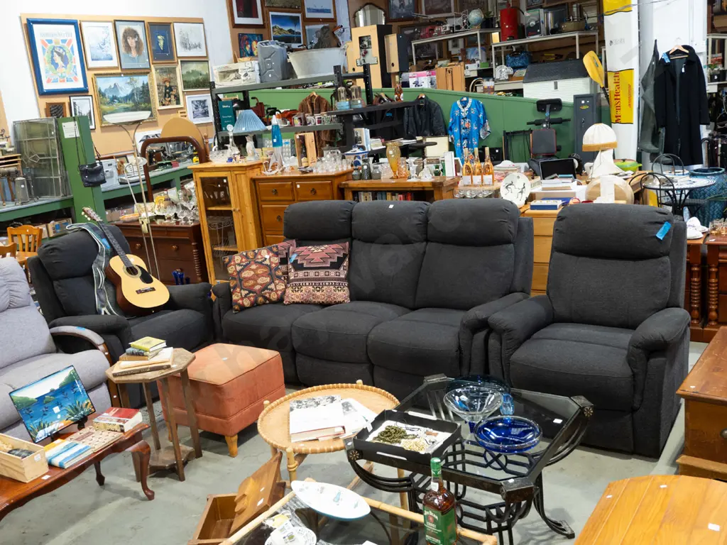 charcoal 3 piece lounge suite - 1 reclining 3 seater settee, 2x reclining singles Image 1++