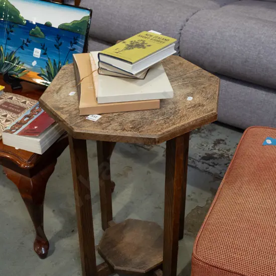 oak 2 tier jardiniere stand - varnish needs attention H585