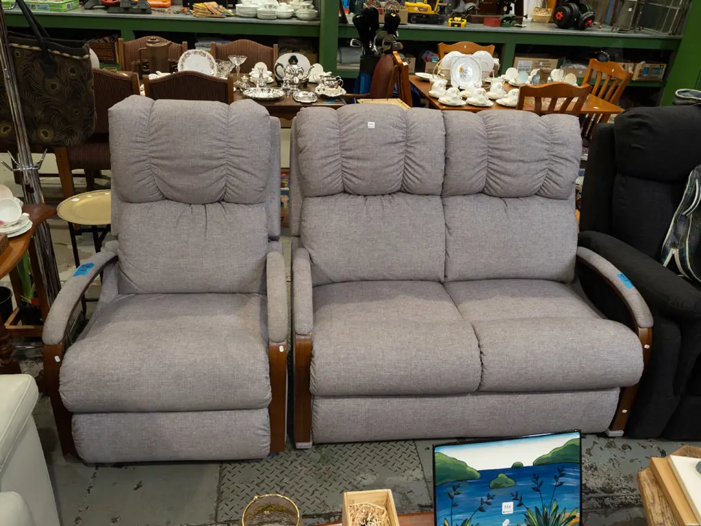 grey LaZBoy 2 piece lounge suite - 2 seater, 1x rocker/reclining single - excellent condition Image 1++