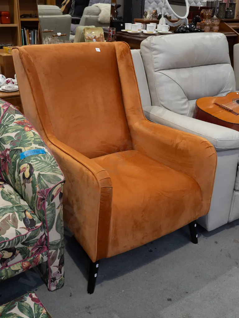 orange rust upholstered wingback chair Image 1++