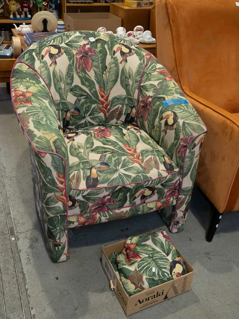 floral and toucan patterned upholstered tub chair Image 1++