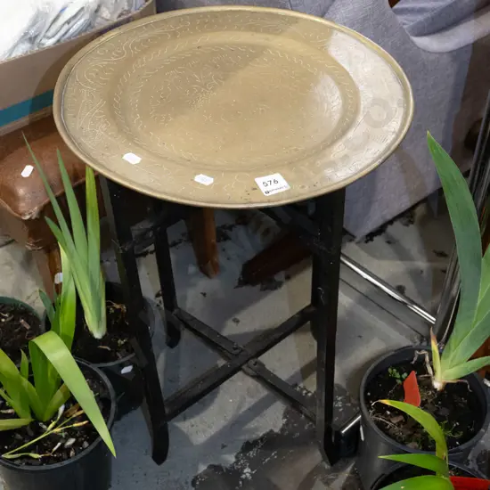 wood based brass tray top foldaway jardiniere stand
