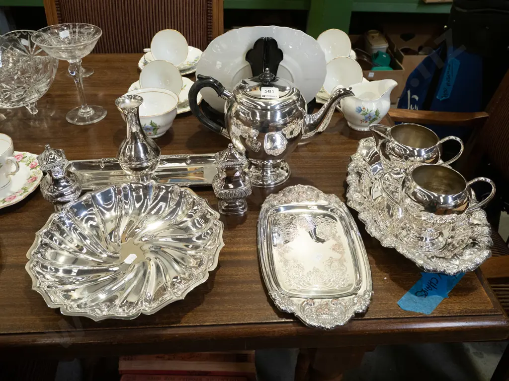 plated ware, teapot, creamer, trays etc Image 1++