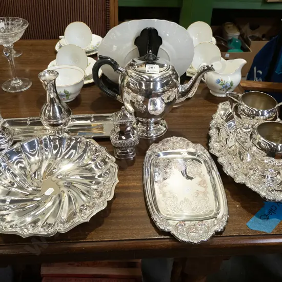 plated ware, teapot, creamer, trays etc