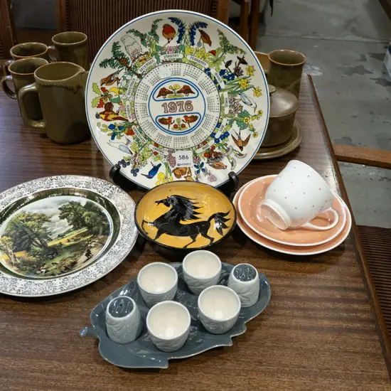 Wedgwood 1976 calendar plate, Carlton boiled egg set, trio etc