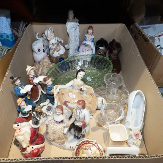 box; figurines, glass bowl etc