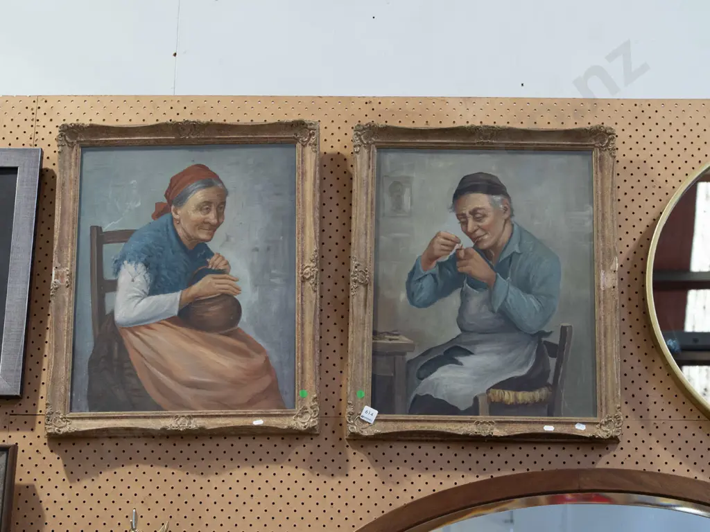 2x framed oils - portraits - green dots Image 1++