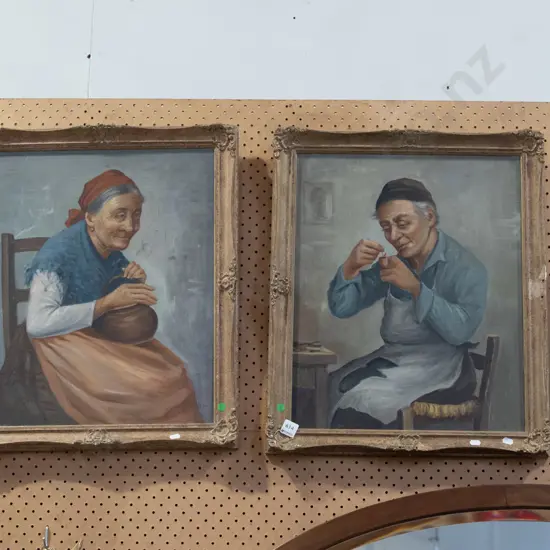 2x framed oils - portraits - green dots