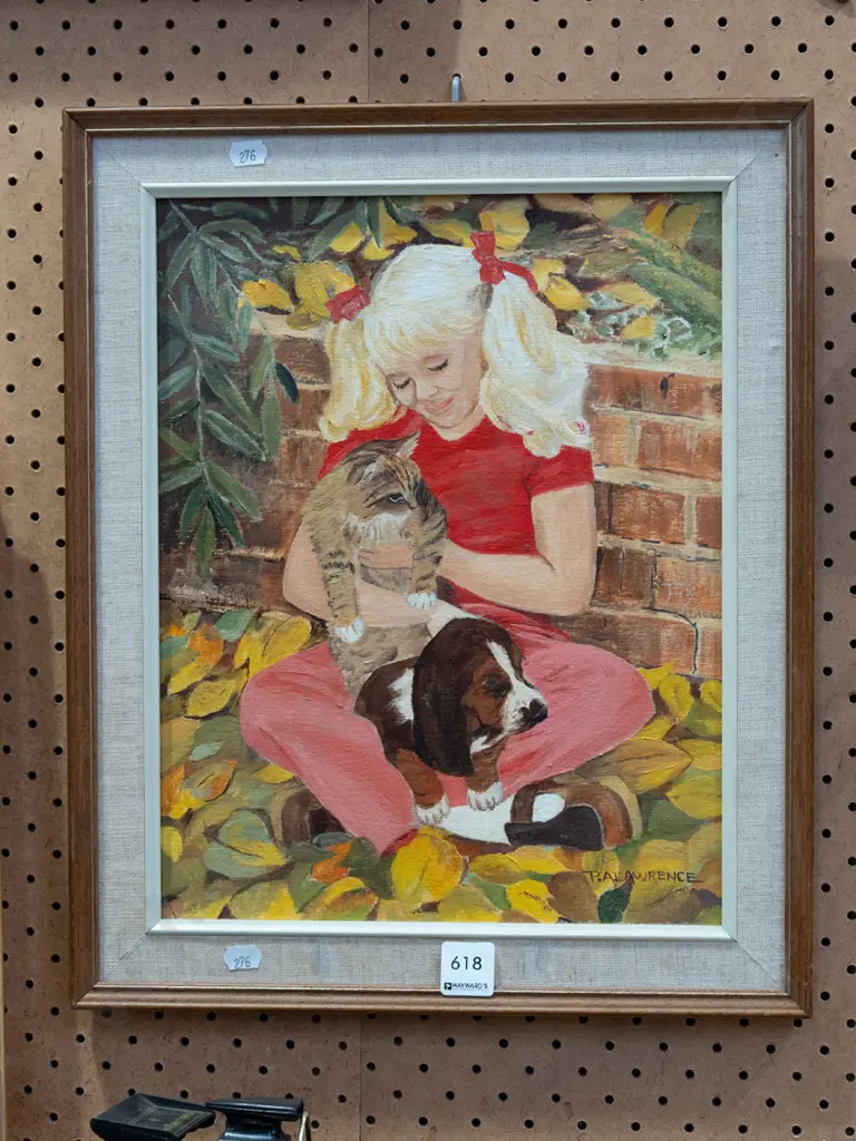 framed oil - girl and pets Image 1++
