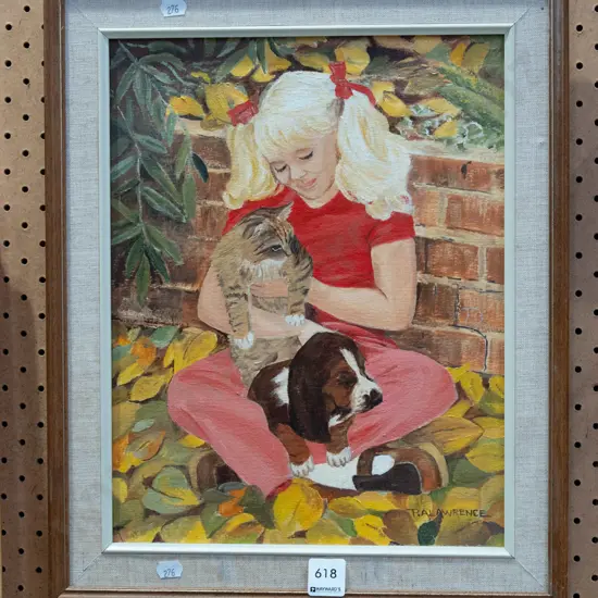 framed oil - girl and pets