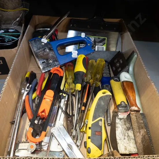 box of tools; craft knives etc