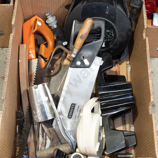 box; mitre, hand saw, extension cord etc