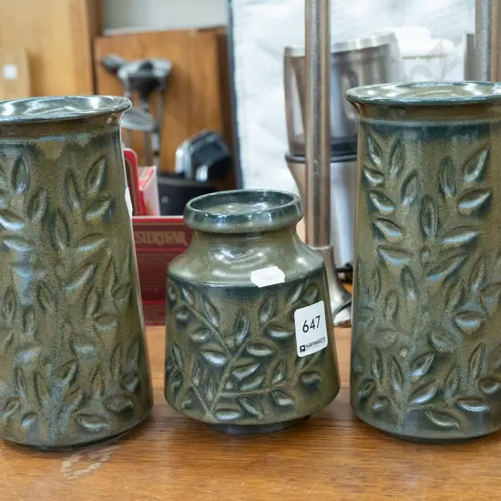 3x Crown Lynn leaf pattern vases H180