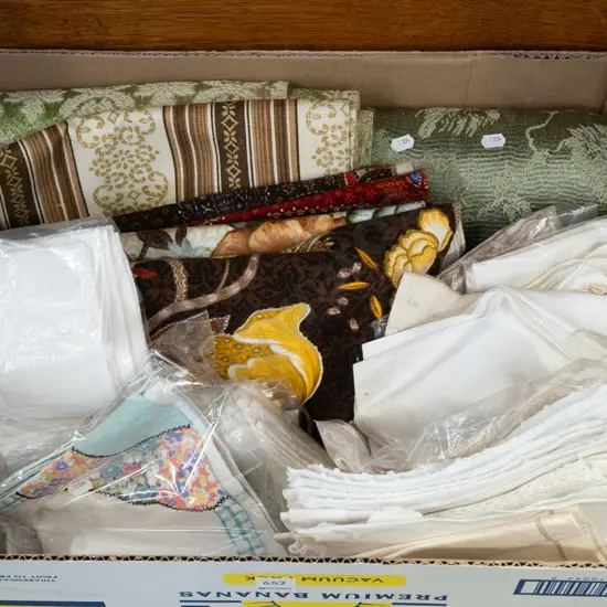 box; fabric pieces, placemats etc