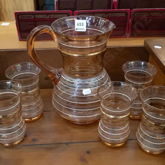 amber glass water jug and 5 glasses