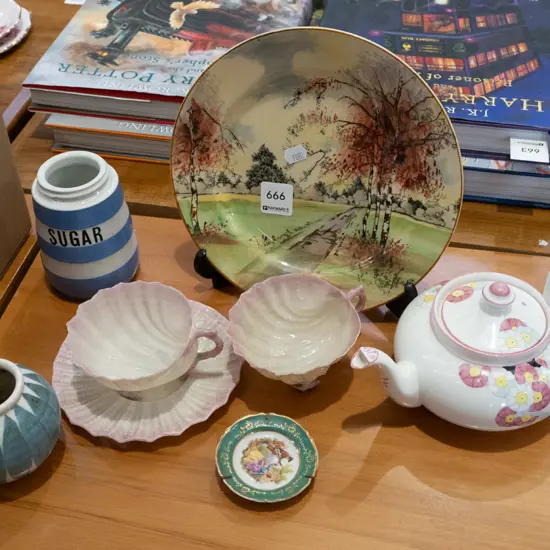Royal Doulton plate, teapot, shell cups etc