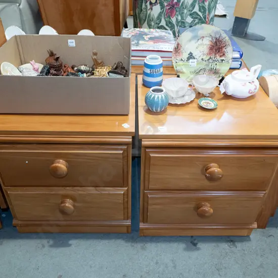 pair of rimu and mdf bedside cabinets