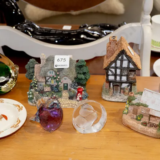 miniature cottages, art glass figurines, vase etc