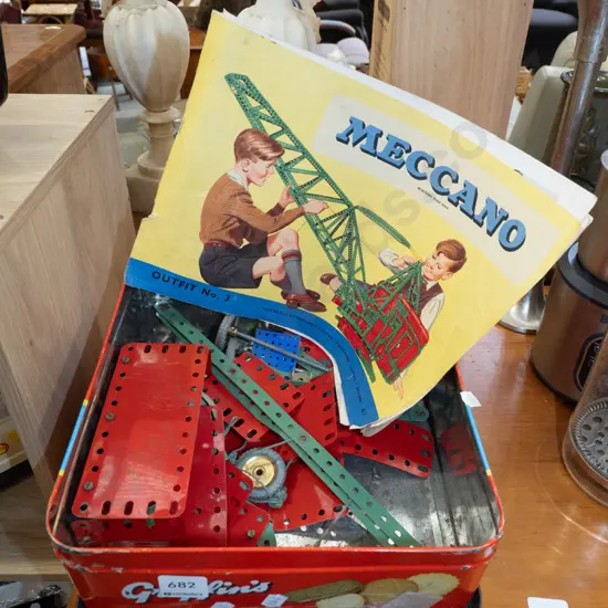 biscuit tin, Meccano and instruction book