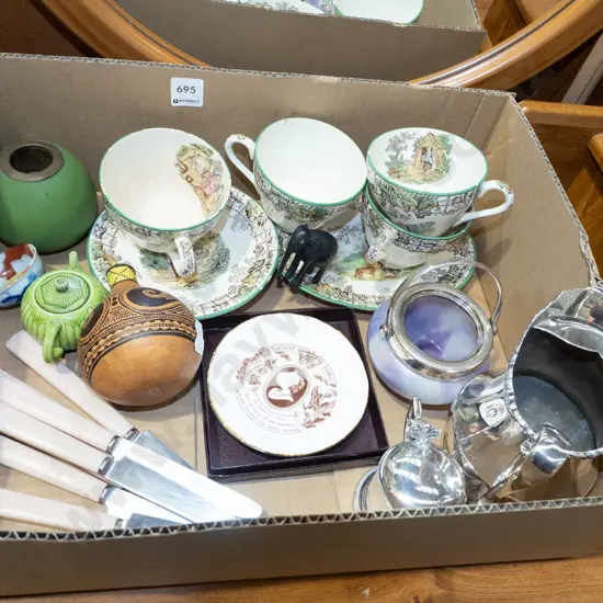 box; knives,plated jug, pin dishes etc