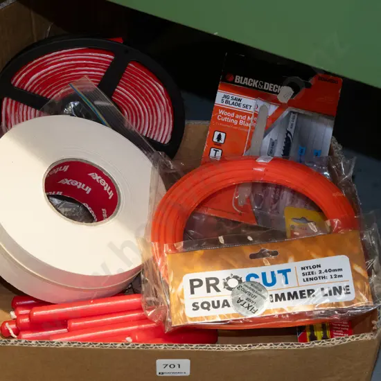 box; candles, tap ware, trimmer line etc