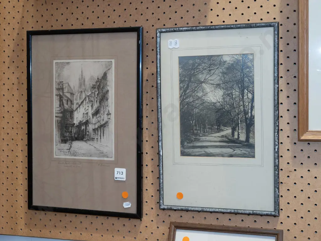 framed etching - photo print, framed Yvonne Benson hand coloured print - orange dots Image 1++