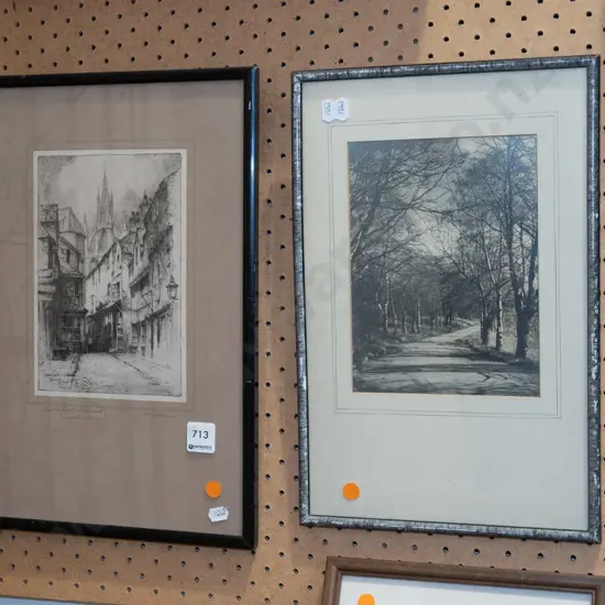 framed etching - photo print, framed Yvonne Benson hand coloured print - orange dots
