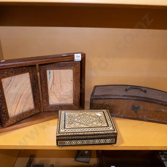 wood inlaid musical jewellery box, photo frame etc