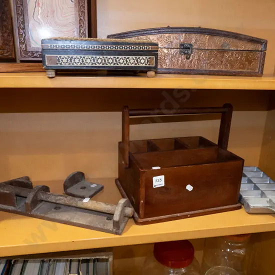 gem iron, heavy cast iron gate latch, wooden cutlery and condiment holder