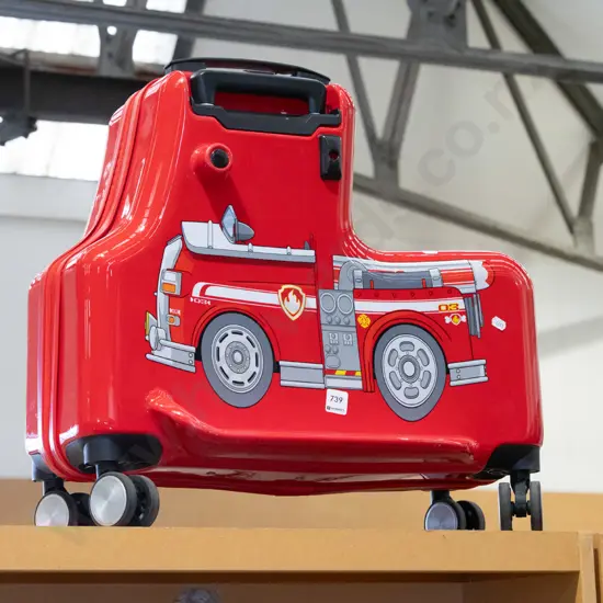 child's plastic rise on fire engine suitcase